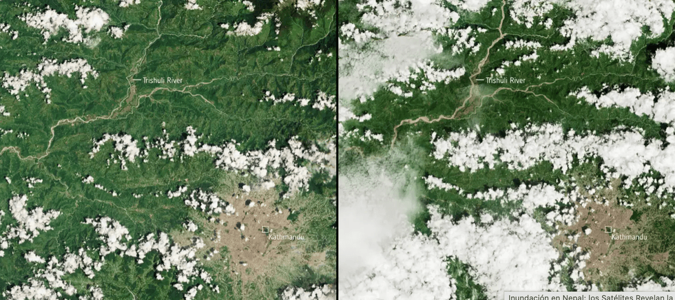 Satellite images of Kathmandu and Trishuli River, showing vegetation and clouds.