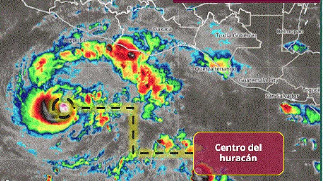 Satellite view of a hurricane near Mexico with highlighted trajectory.