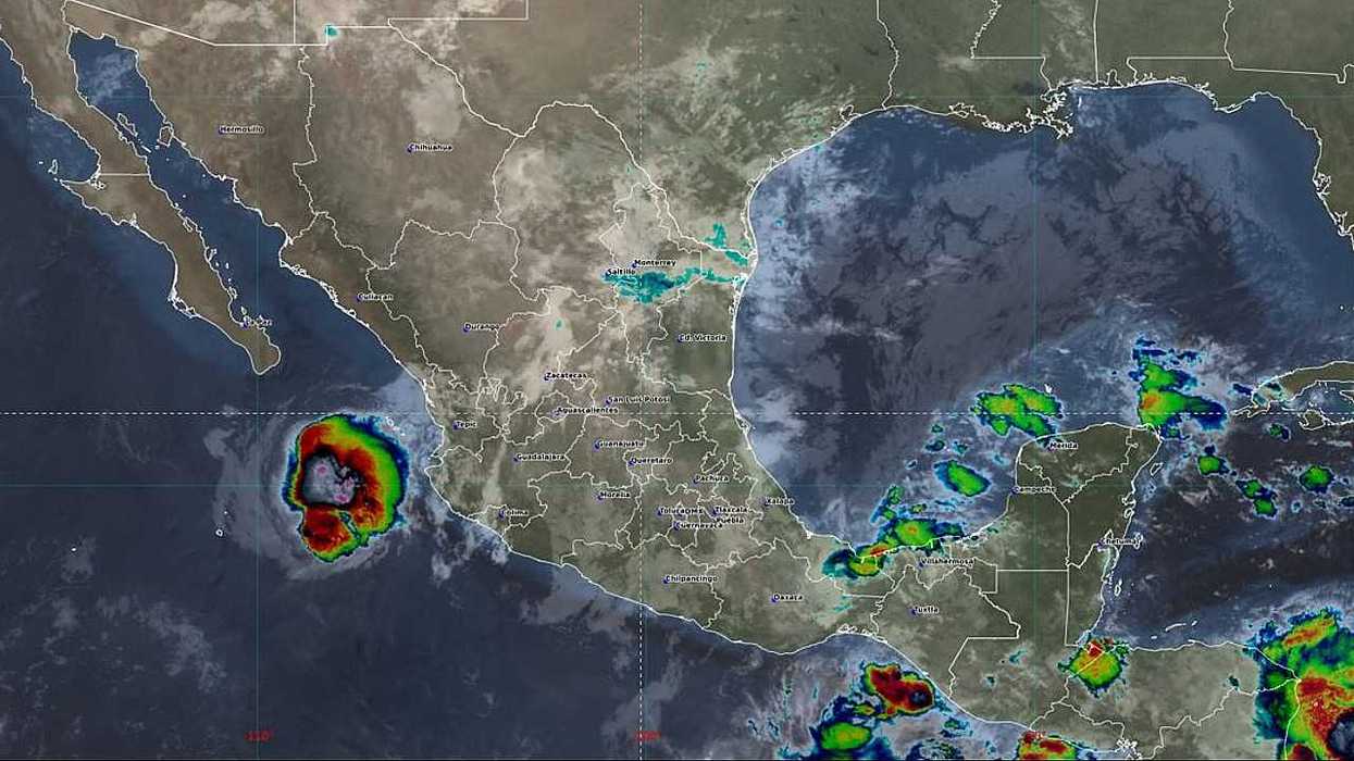Satellite view of Mexican coastline with a storm off the Pacific coast.