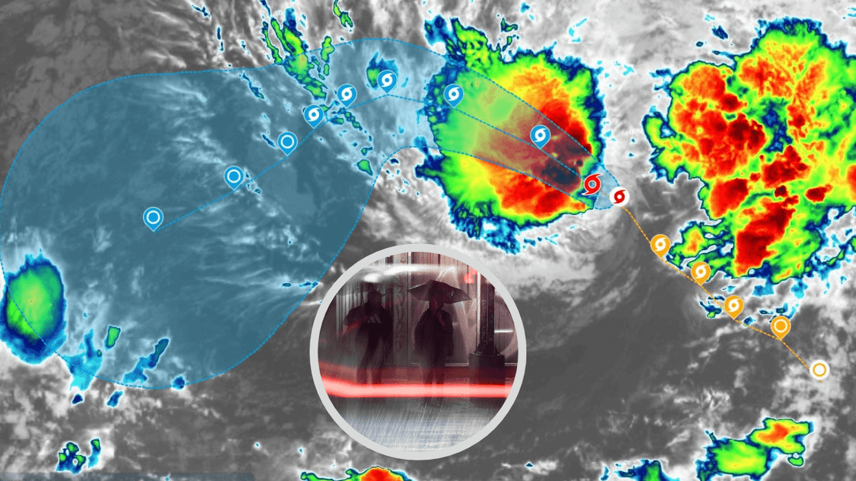 Satellite weather map of a tropical storm with path and intensity markers; rainy scene inset.