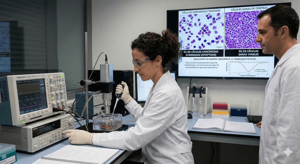 Scientists conducting research in a lab with cancer cell images on screen.