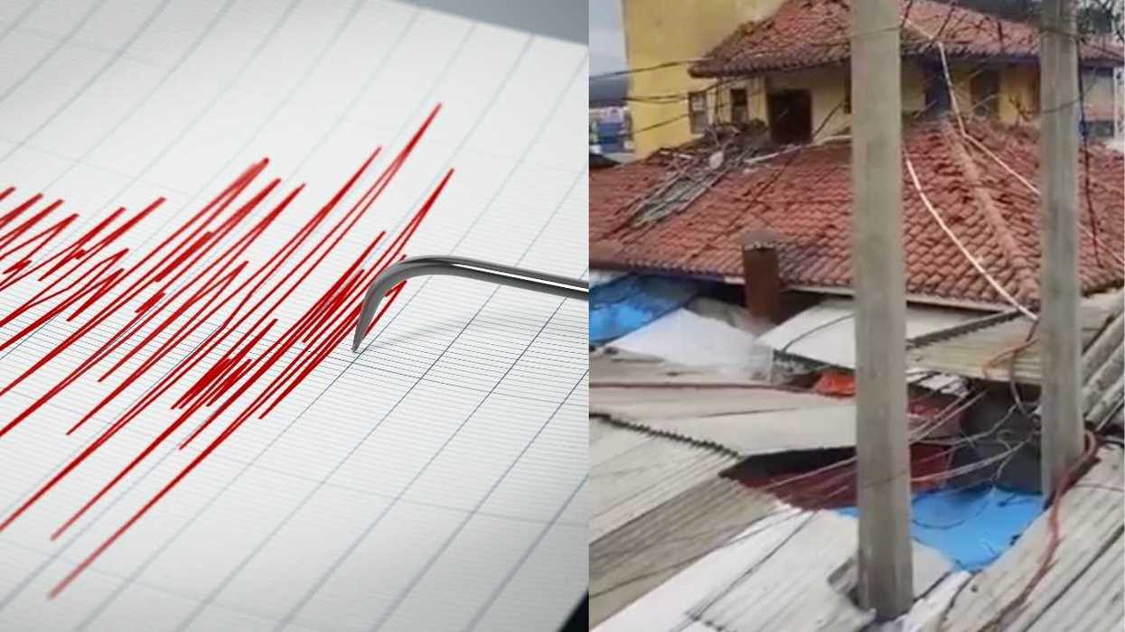 Seismograph reading and damaged building roof after earthquake.