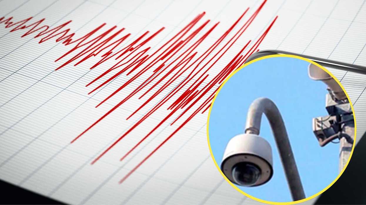 Seismograph with red lines and inset image of a security camera.