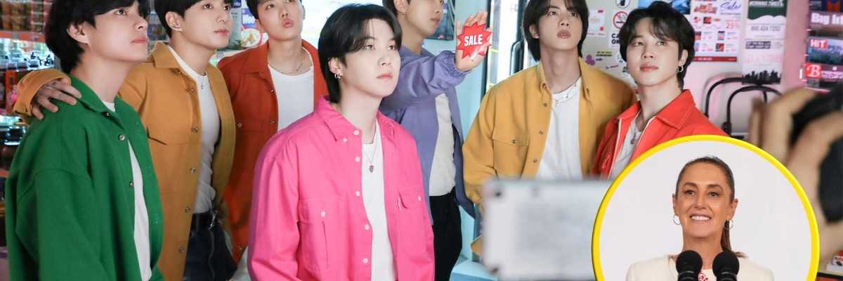 Seven men in colorful outfits in a store with a "Sale" sign; inset of a woman speaking at a podium.