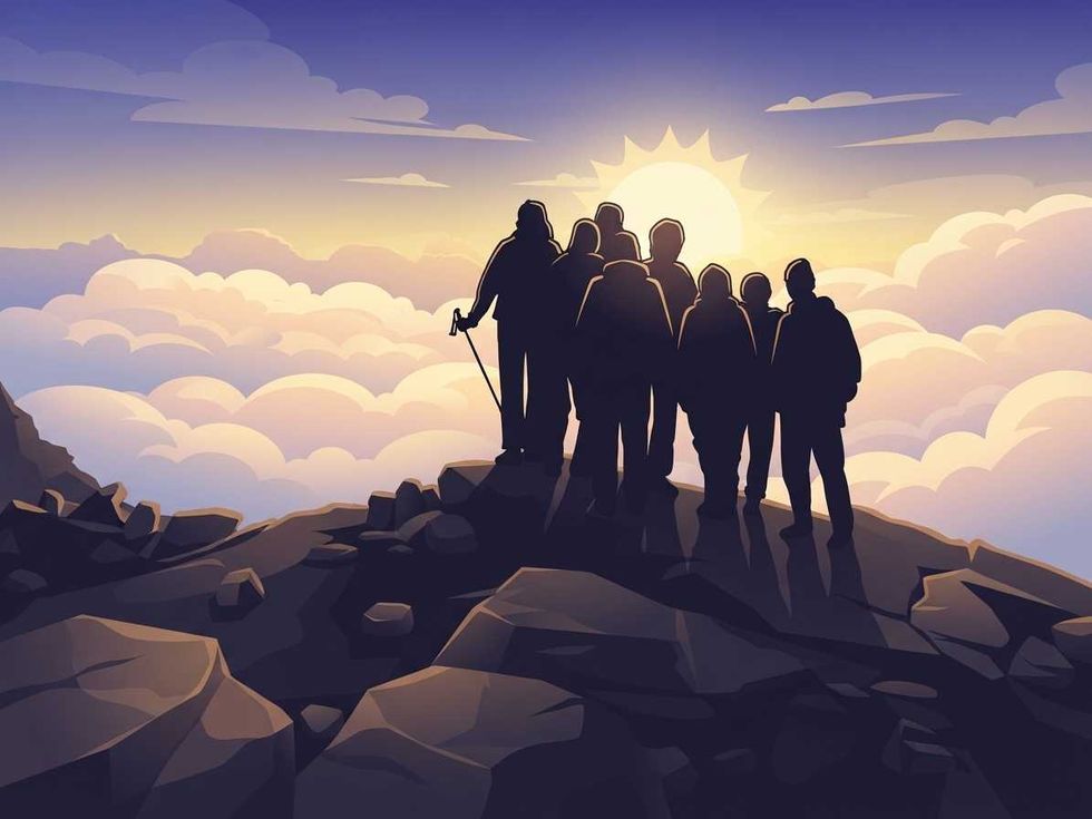 Silhouettes of hikers on a mountain at sunrise above the clouds.