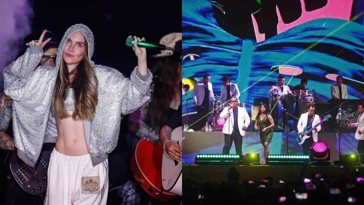 Singer in sparkly outfit posing; band performing on colorful stage.