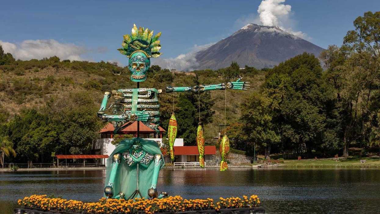 Skeletal statue on lake with flowers, volcano in background.
