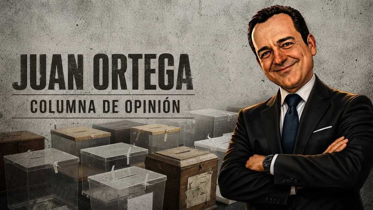 Smiling man in a suit beside ballot boxes, "Juan Ortega Columna de Opinión" text above.
