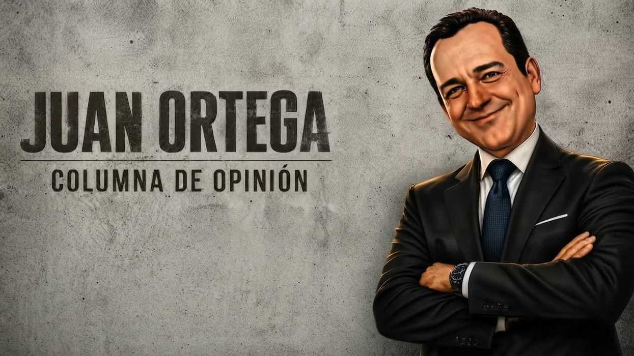 Smiling man in a suit with folded arms beside opinion column text on textured background.