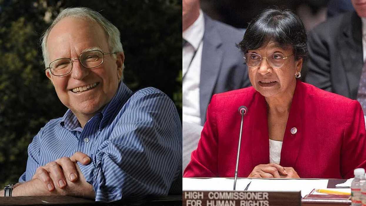 Smiling man outdoors; woman speaking at a conference, labeled High Commissioner for Human Rights.