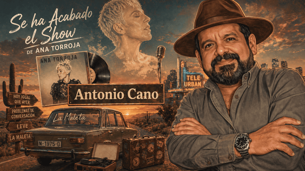 Smiling man with hat, sunset background, record, cacti, and retro car trunk with records.