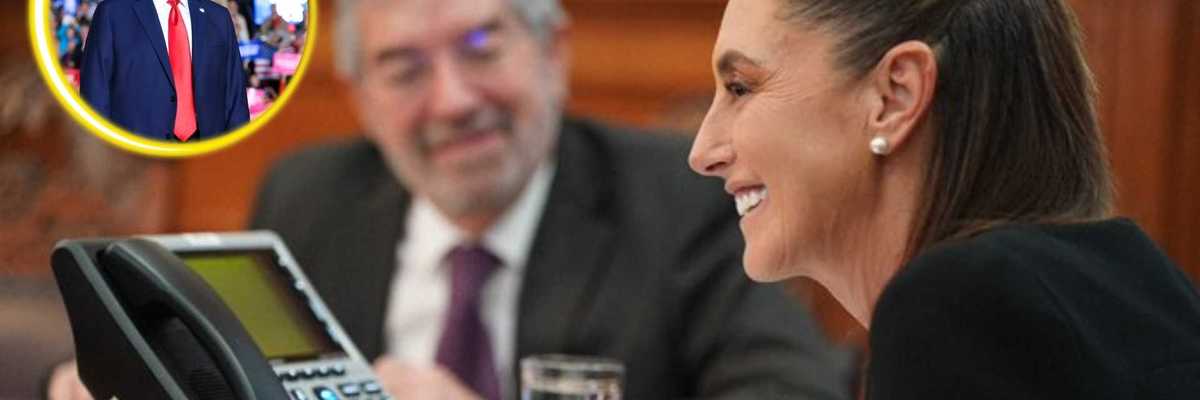 Smiling woman at a meeting table with a phone, man in background, inset of a man at an event.