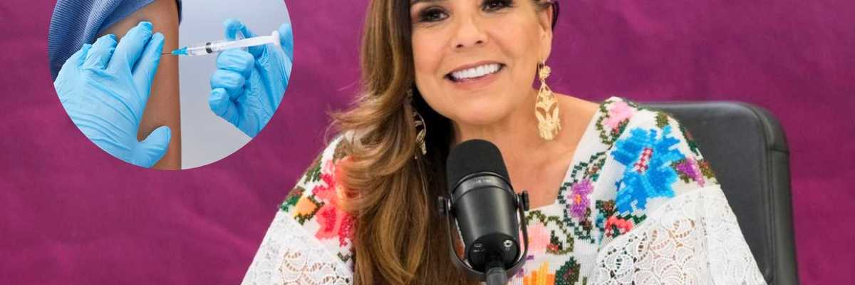 Smiling woman at mic; inset of arm receiving a vaccine injection.