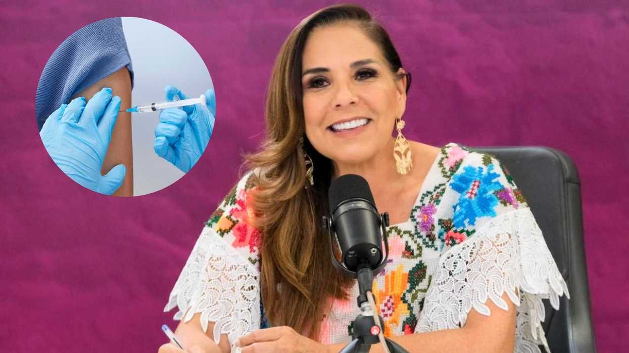 Smiling woman at mic; inset of arm receiving a vaccine injection.