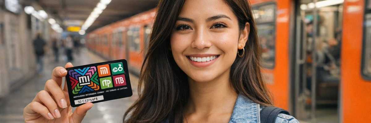 Smiling woman holding a transport card in a subway station with an orange train.