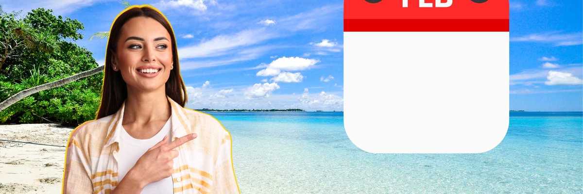 Smiling woman on beach next to February calendar icon.