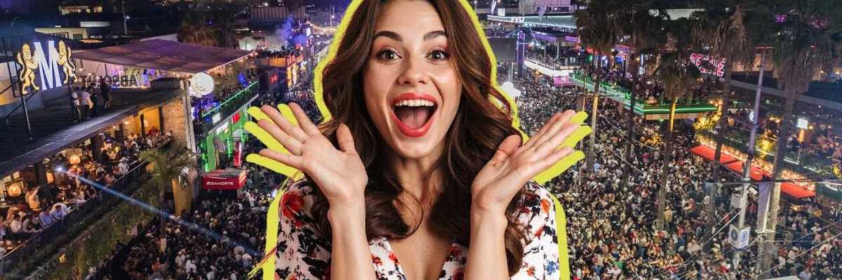 Smiling woman over a vibrant, crowded nightlife scene with colorful lights.