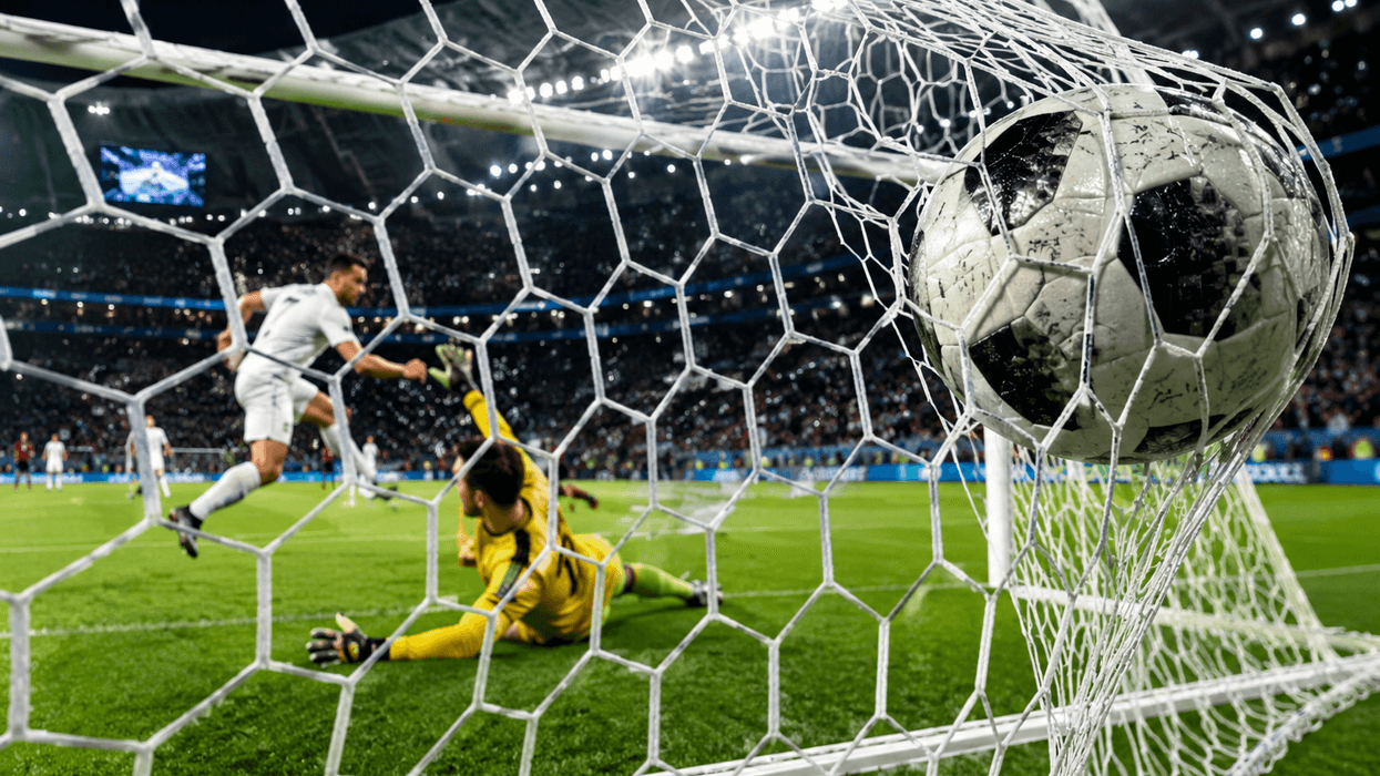 Soccer ball hitting the net; player and goalkeeper in action on a lit stadium field.
