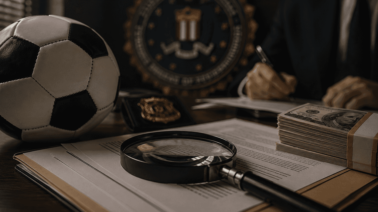 Soccer ball, magnifying glass, cash, and FBI badge on desk with person writing.