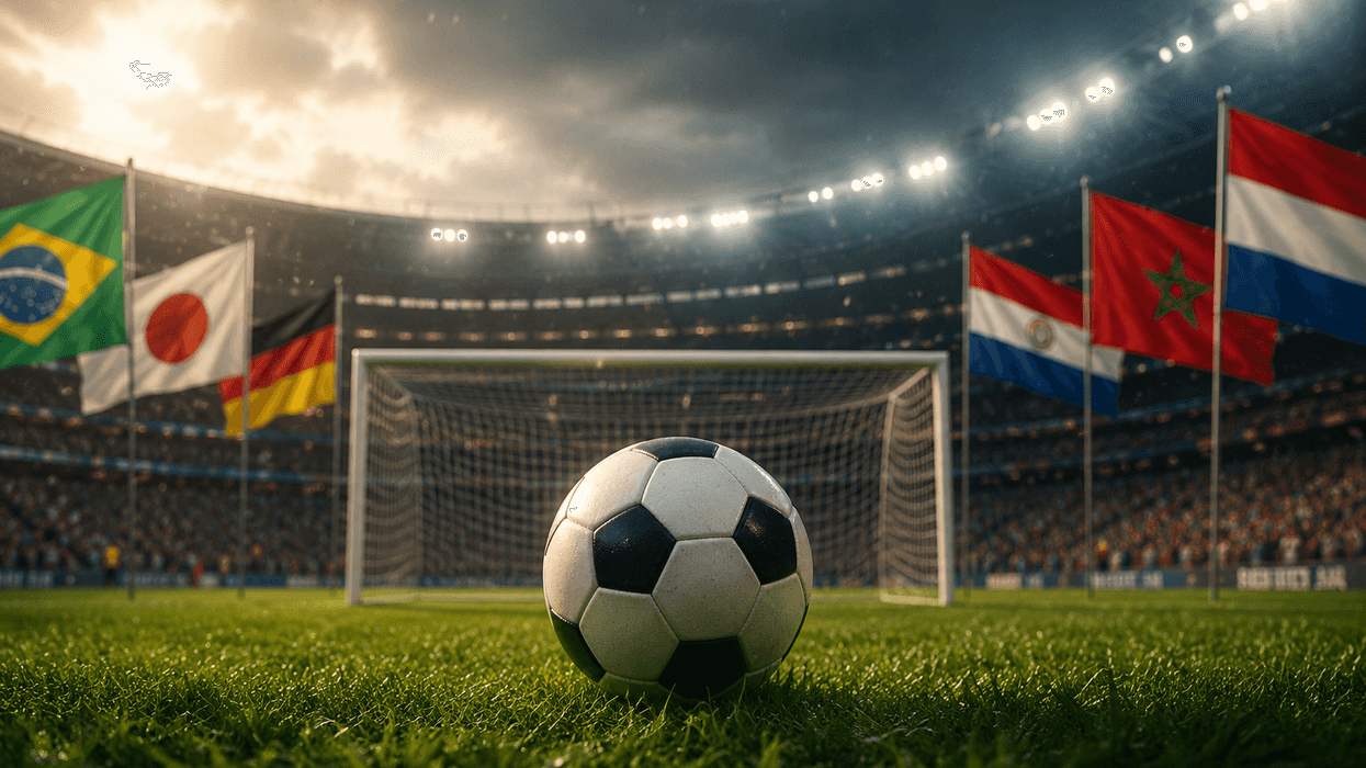 Soccer ball on field with flags of Brazil, Japan, Germany, Paraguay, Morocco, and Netherlands.