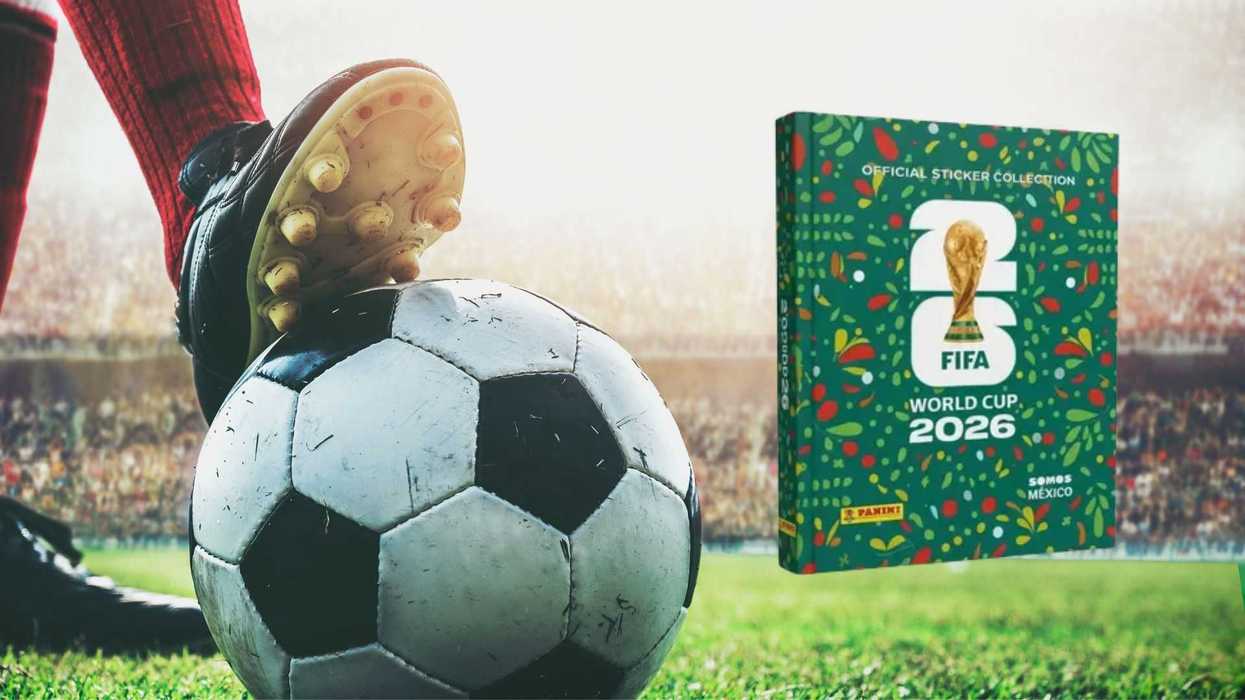 Soccer boot with ball on field; FIFA World Cup 2026 sticker album displayed.