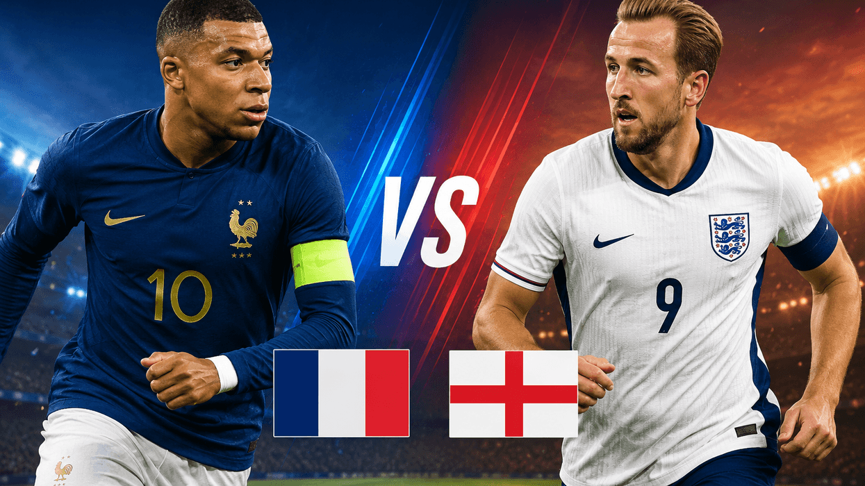Soccer match: France vs. England with players facing off in a stadium.