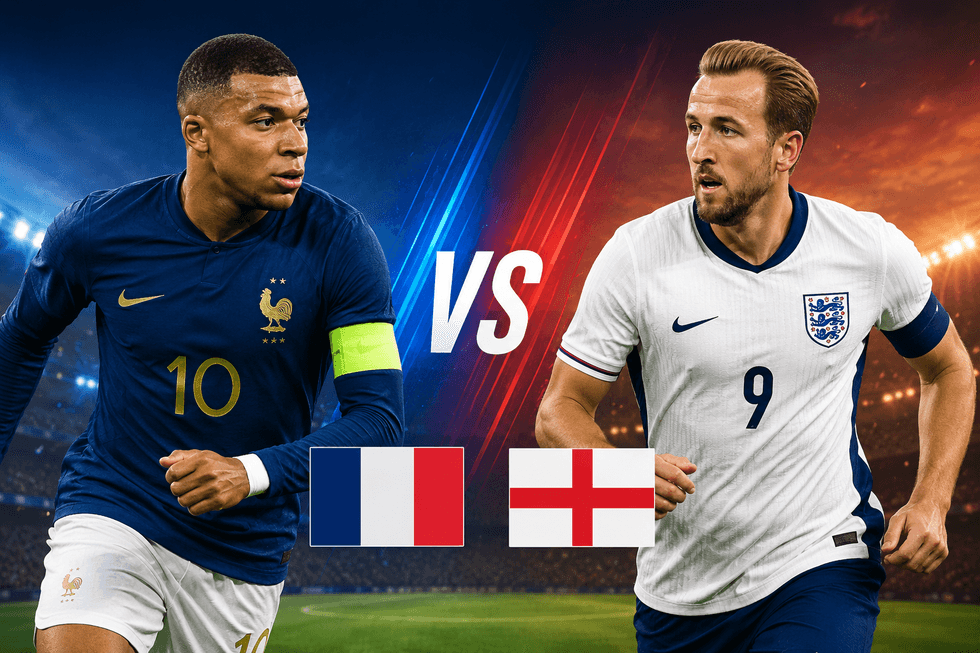 Soccer match: France vs. England with players facing off in a stadium.
