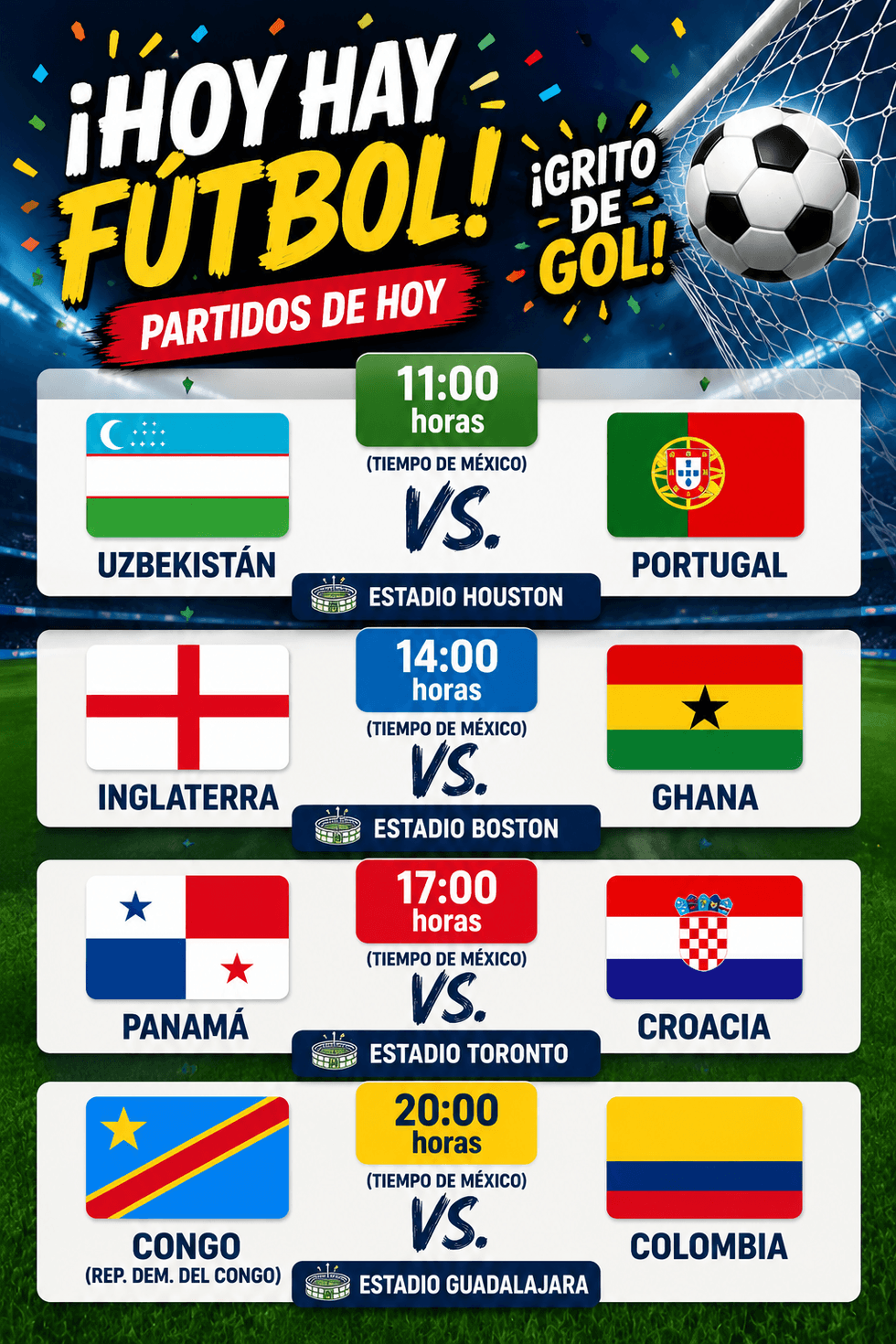 Soccer matches: Uzbekistan vs Portugal, England vs Ghana, Panama vs Croatia, Congo vs Colombia.