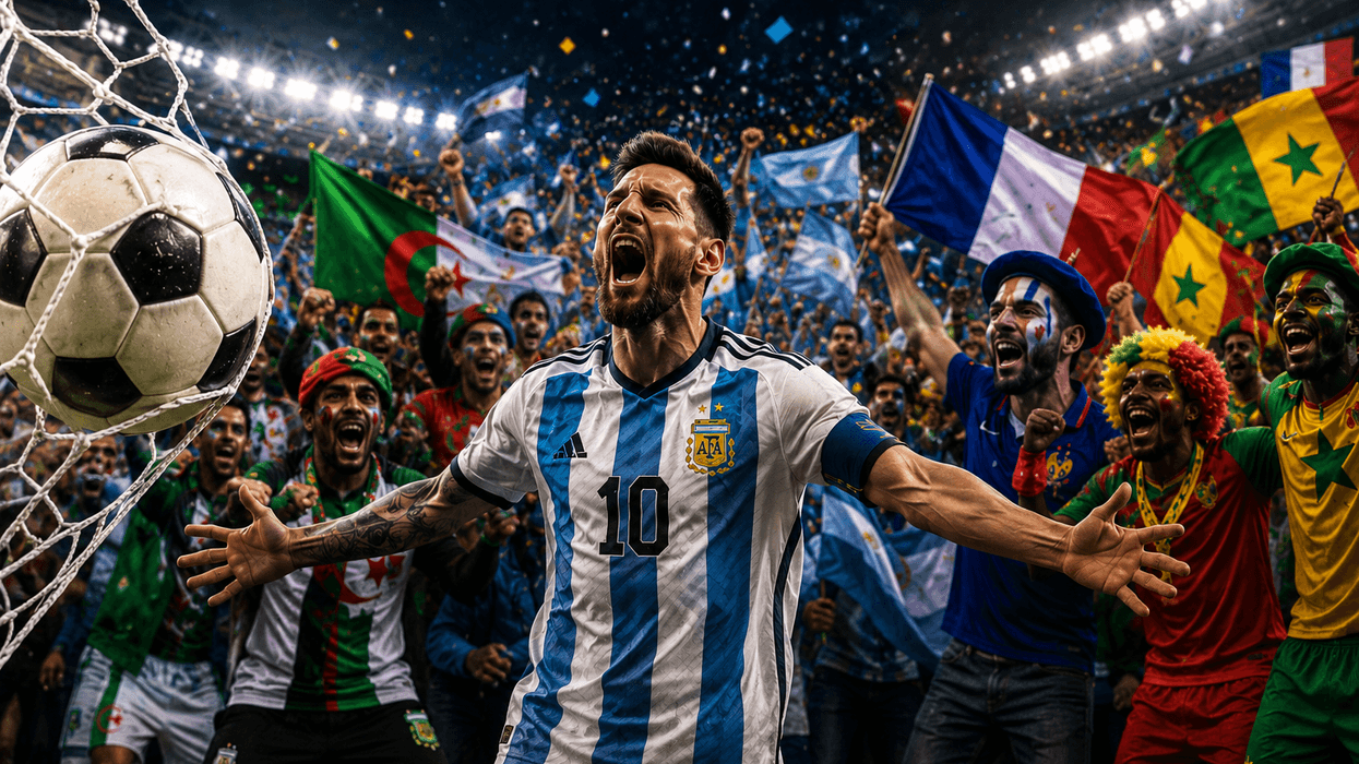 Soccer player celebrates goal; fans cheer with flags in stadium background.