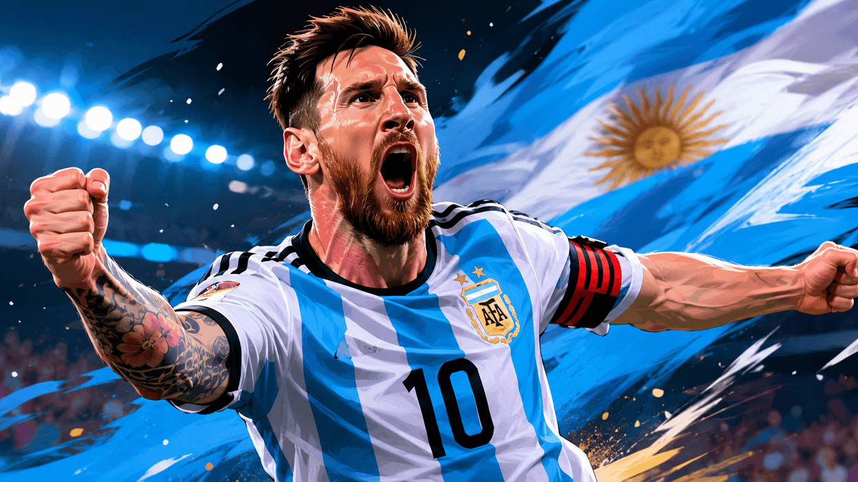 Soccer player in Argentina jersey celebrating, with a stadium and flag background.