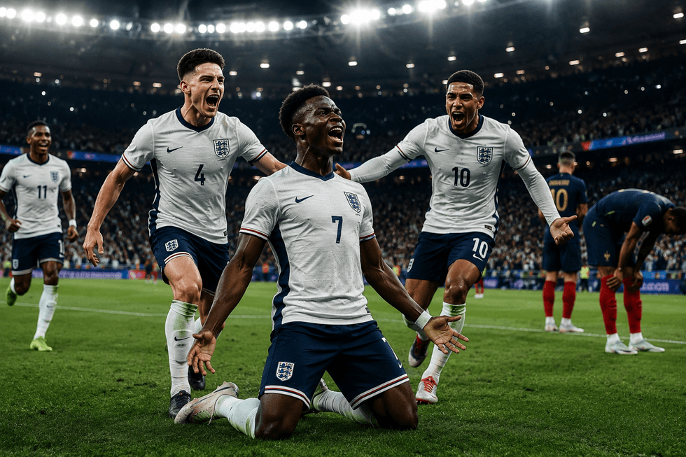 Soccer players celebrate a goal on the field during a match.