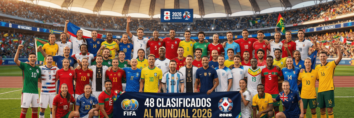 Soccer players celebrate FIFA World Cup 2026 qualification in a stadium group photo.