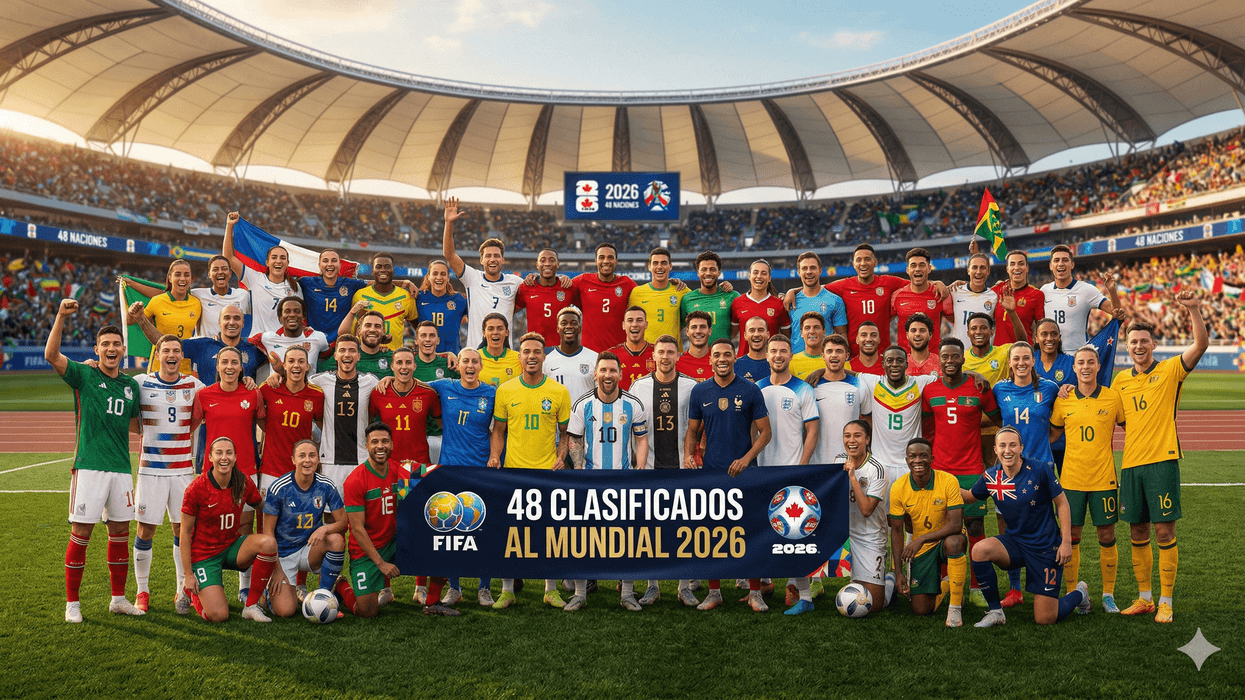Soccer players celebrate FIFA World Cup 2026 qualification in a stadium group photo.