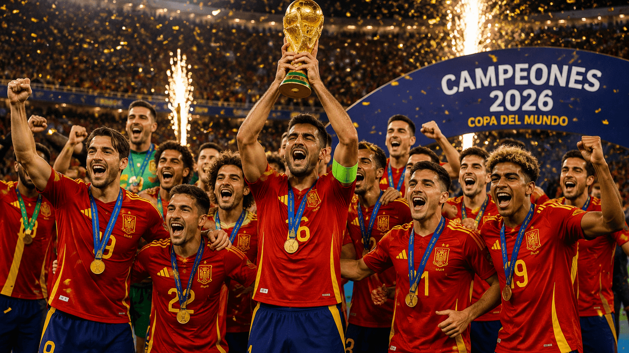 Soccer team celebrates winning 2026 World Cup, holding trophy and cheering on stage.