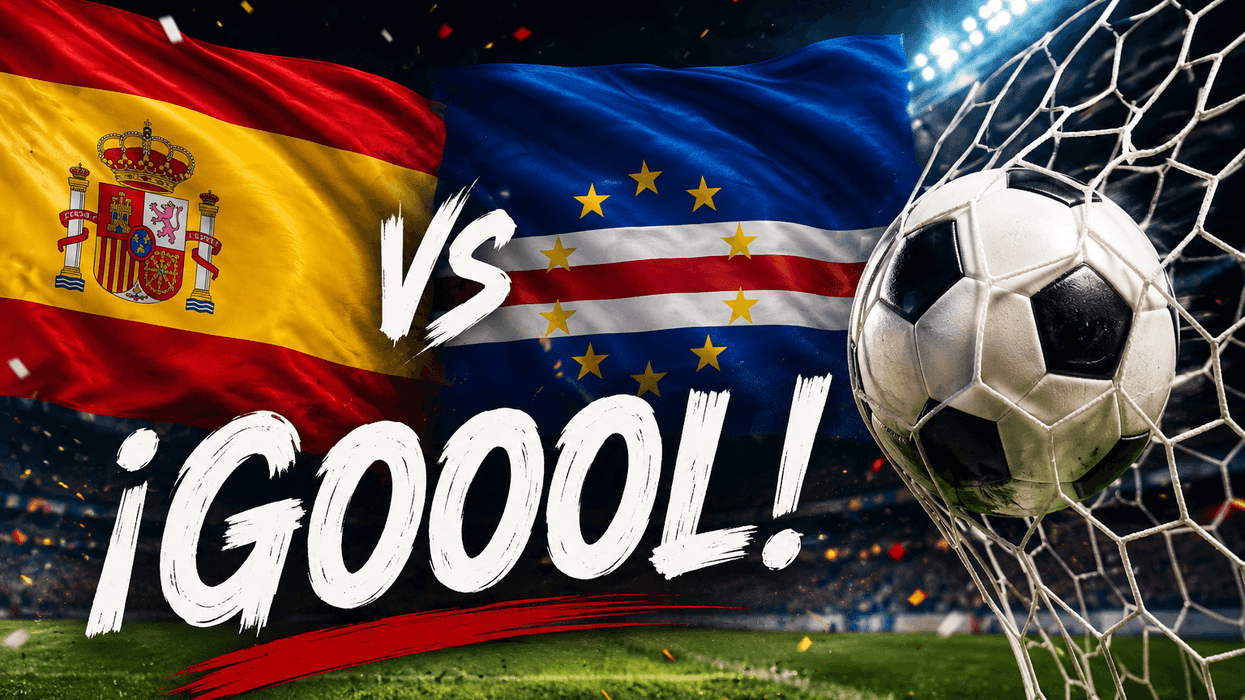 Spain vs. Cape Verde soccer match, ball in net, "¡Gooool!" text.
