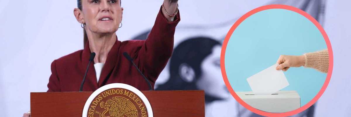 Speaker at podium pointing, with an inset of a hand casting a vote.