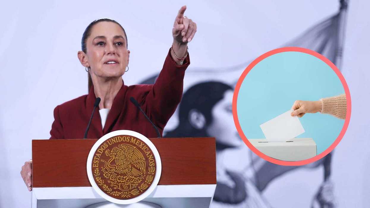 Speaker at podium pointing, with an inset of a hand casting a vote.
