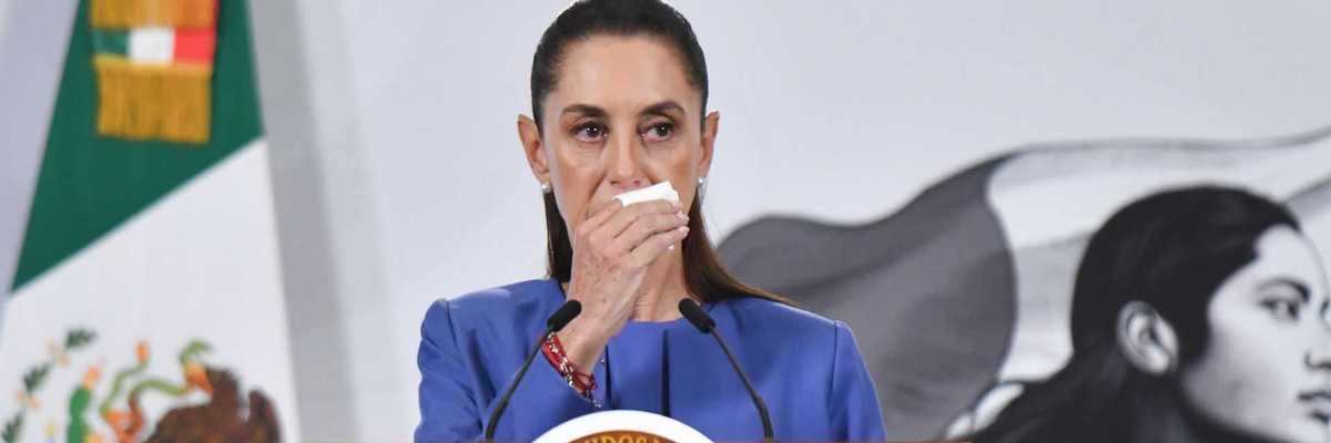 Speaker in blue at podium with Mexican seal, flag and mural in background.
