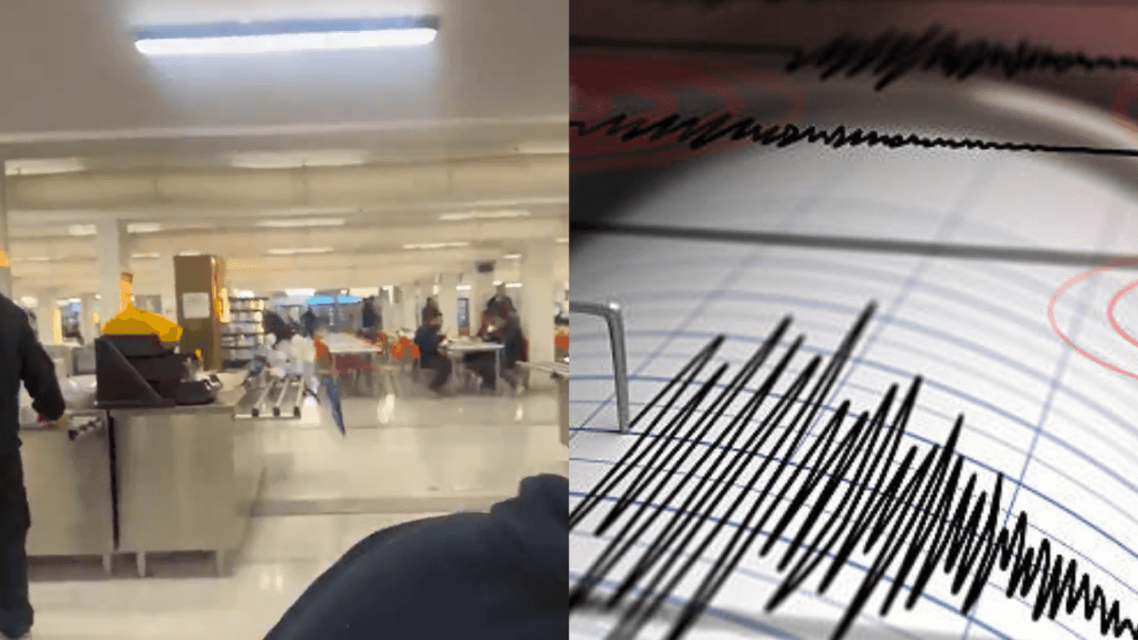 Split image: cafeteria on left, seismograph reading on right.