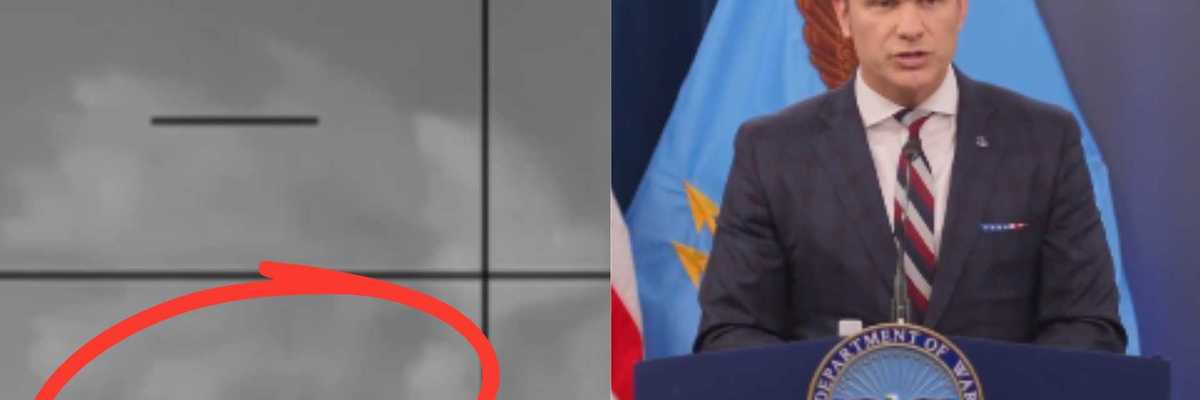 Split image: grayscale military targeting screen and man speaking at podium with blue flag.