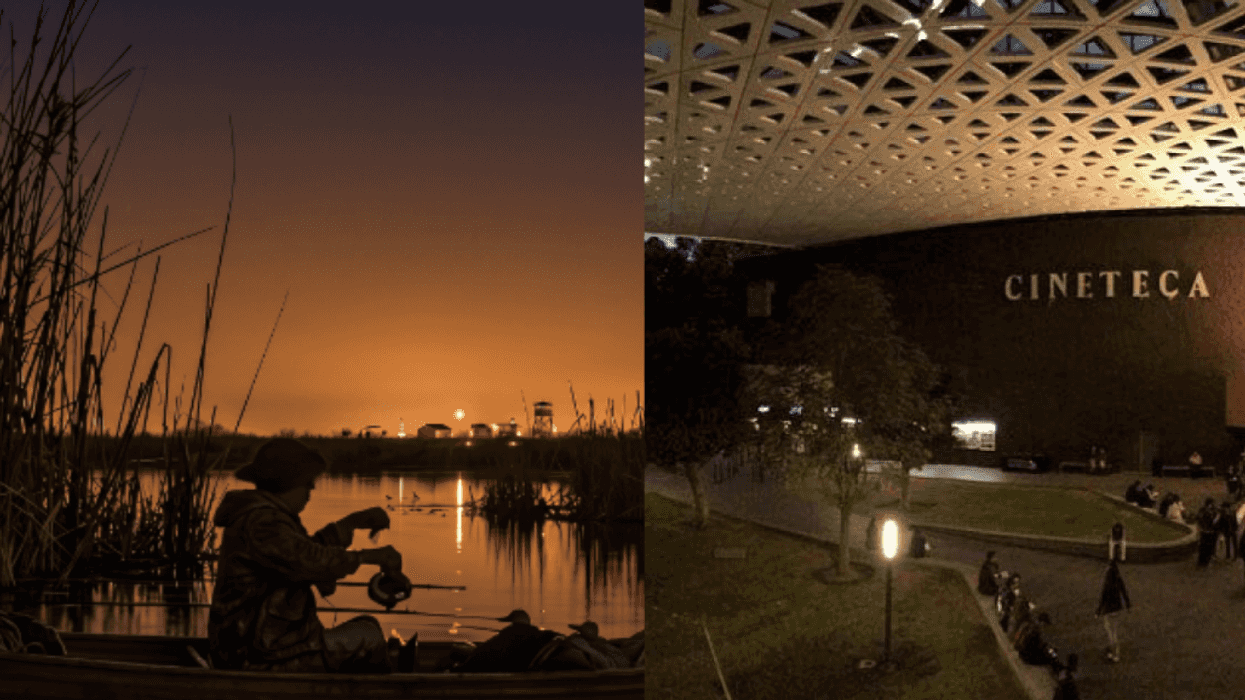 Split image: left, person fishing at sunset; right, busy modern cinema exterior.