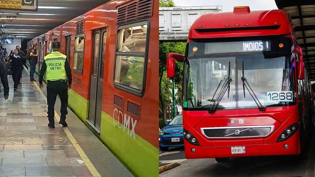 Split image of a Mexico City metro train and transit police officer, alongside a red bus marked “Indios.”