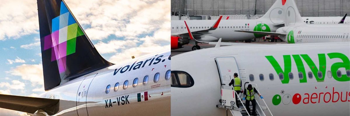 Split image of Volaris and Viva Aerobus airplanes at airport.