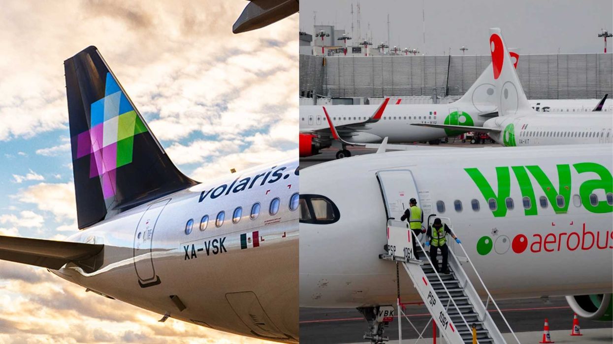 Split image of Volaris and Viva Aerobus airplanes at airport.