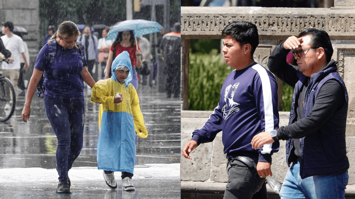 Split image: People walk in rain with raincoats; others walk in sun shading their eyes.