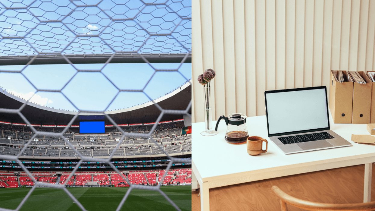 Split image: soccer stadium goal view; home office with laptop and coffee.