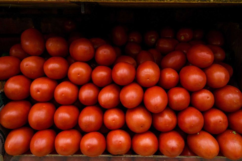 Stack of ripe red tomatoes in wooden crates.