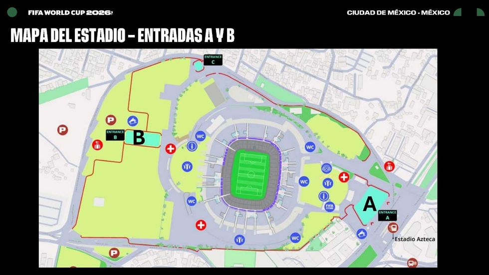 Stadium map showing entrances A, B, C and facilities for FIFA World Cup 2026 in Mexico City.