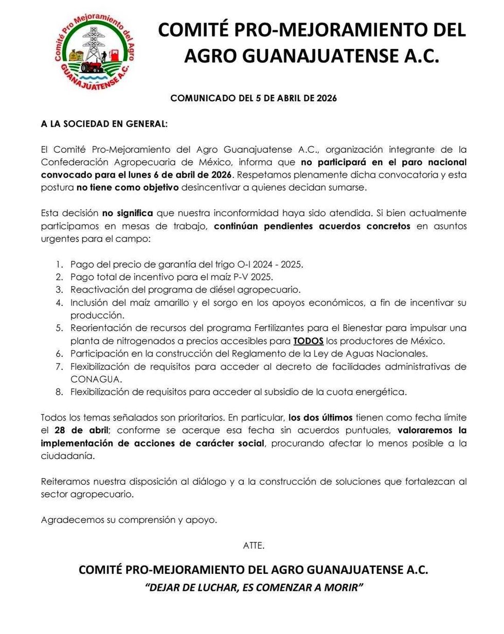 Statement from Comit\u00e9 Pro-Mejoramiento del Agro Guanajuatense A.C. about non-participation in strike.