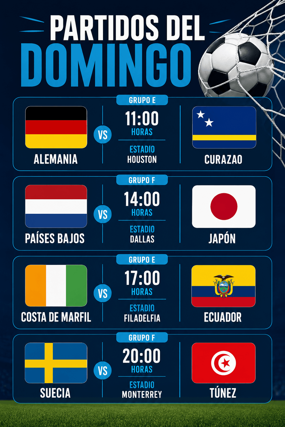 Sunday soccer matches: Germany vs Cura\u00e7ao, Netherlands vs Japan, Ivory Coast vs Ecuador, Sweden vs Tunisia.